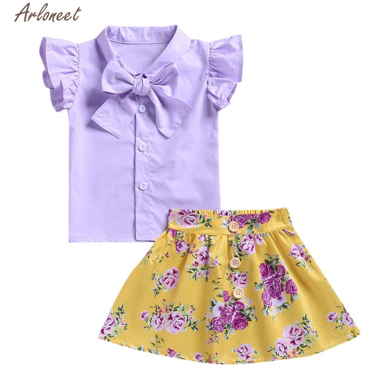 

ARLONEET Clothes Girls Kids Cartoon Ruffled O-neck Tops+Skirt Child Baby Sleeveless 2pc Fashion skirt clothing Set, Purple