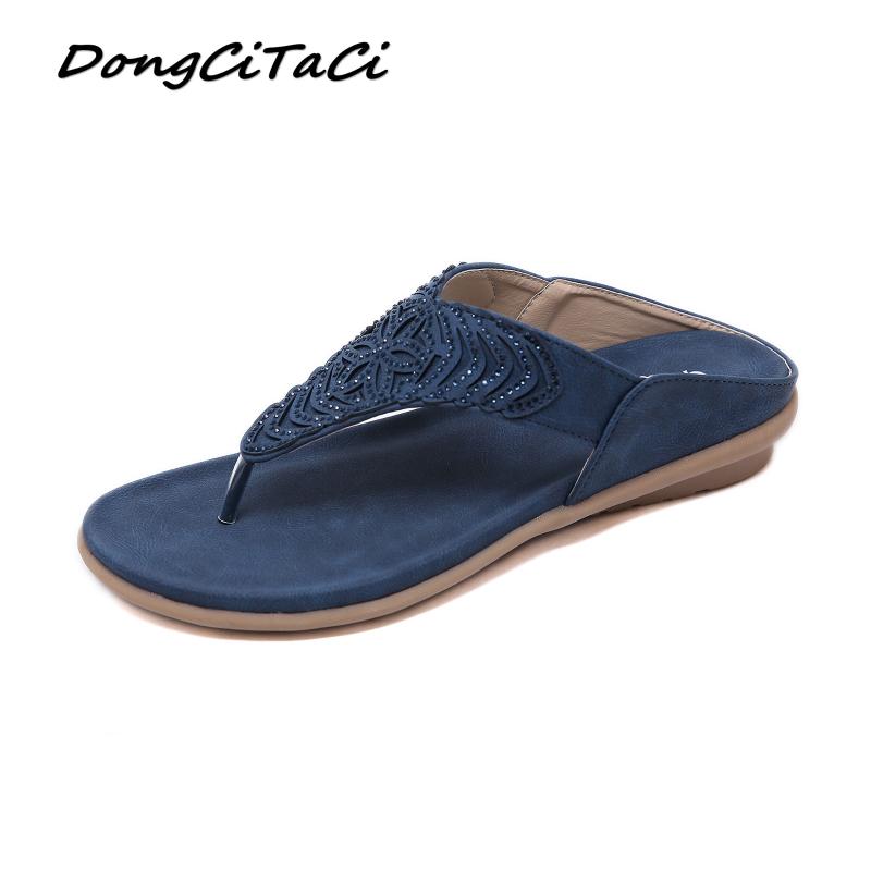 

DongCiTaCi Summer Flip Flop Sandals Slippers Casual Bohemia Flat Slippers Shoes Woman Crystal Beach Sandals Flower Sandalias, Blue