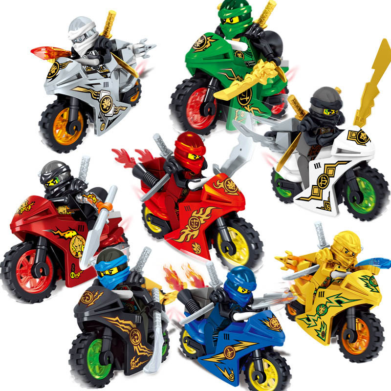 

8pcs Lot Phantom Ninja Tornado Motorcycle Chariot Vehicle Kai Garmadon Cole Ninja Mini Toy Figure Building Blocks Brick With Swords Moto