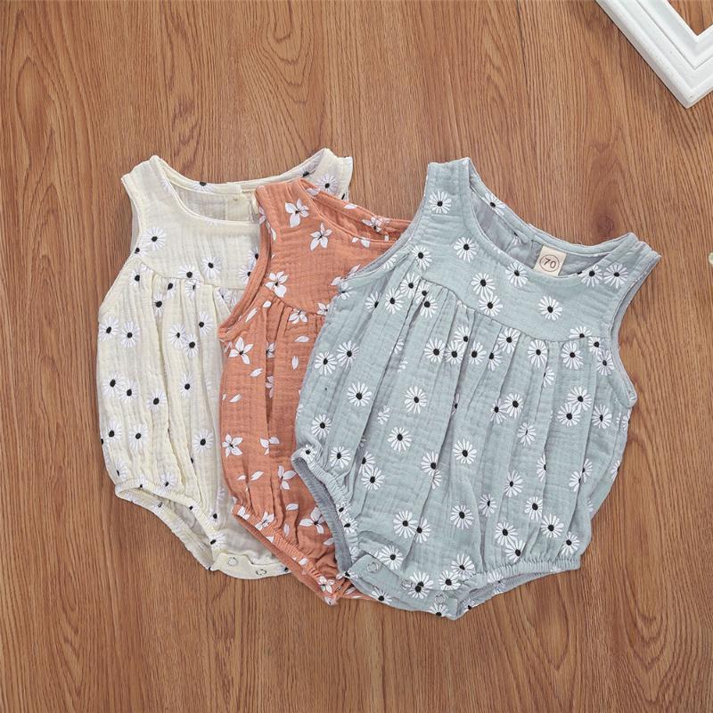 

2020 Summer Boho 0-18M Infant Baby Cotton Linen Romper Girls Floral Print Sleeveless Soft Playsuit Jumpsuit 3 Colors
