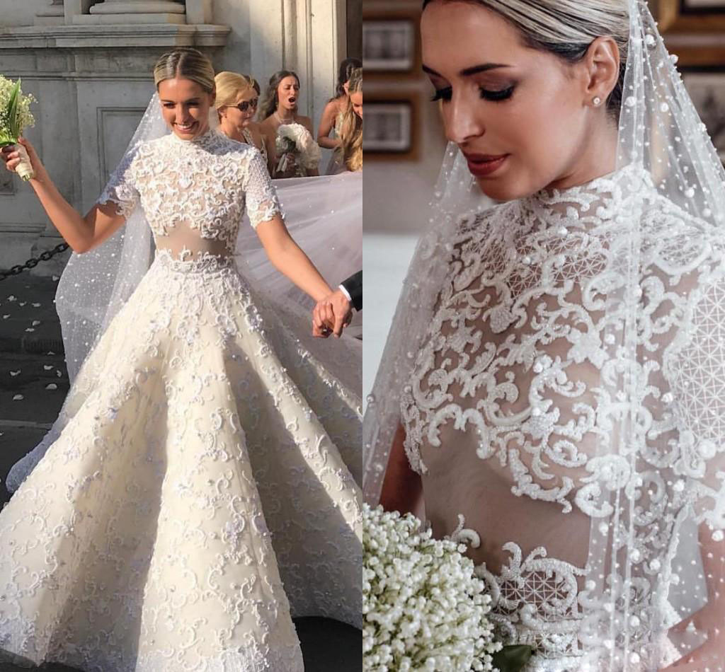 

Elegant A Line Wedding Dresses Applique Lace Satin High Collar Wedding Gowns Short Sleeves Sweep Train Bribal Gowns Vestidos De Novia, Pink
