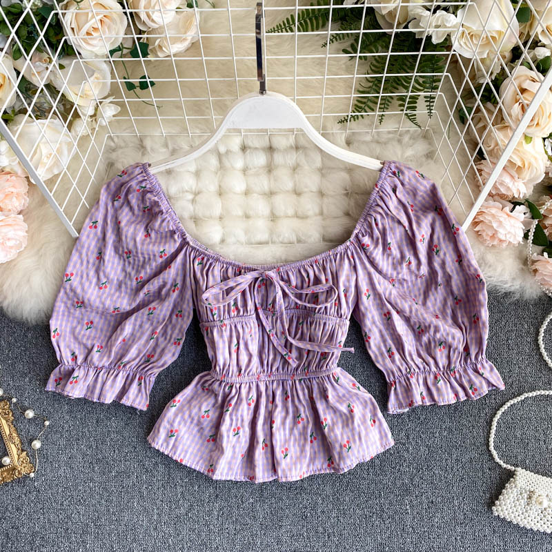 

INS Summer 2020 New Sexy Fashion Sweet Floral Print Short Sleeve High Waist Short Ruffled Tops Square Neck Blouse Shirts M701, Black