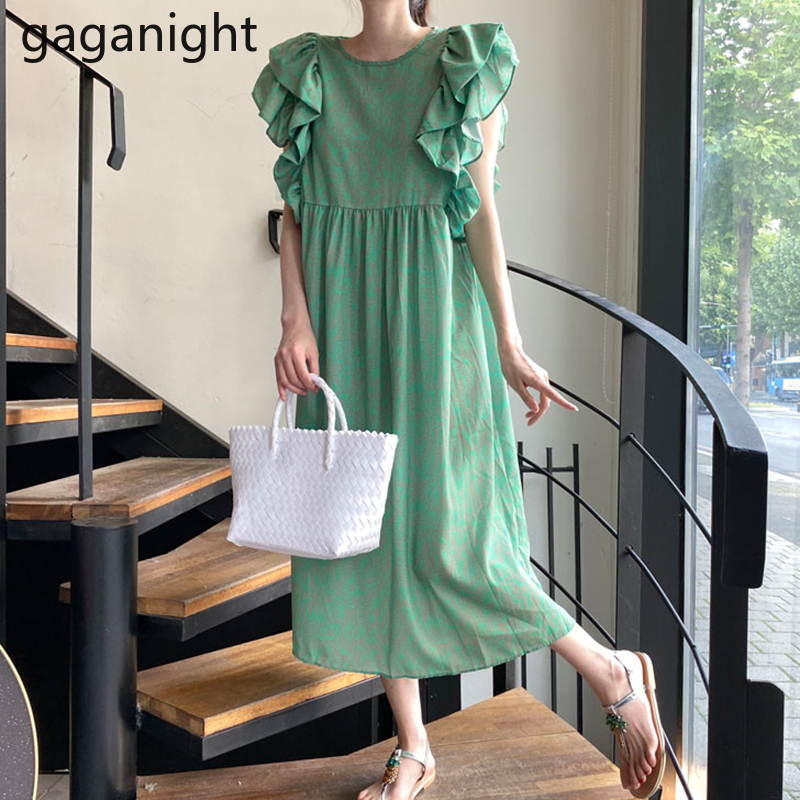 

Gaganight Fashion Women Summer Long Dress Ruffles Short Sleeve A Line Lady Chic Korean Dresses Print Sweet Loose Vestidos New, Green