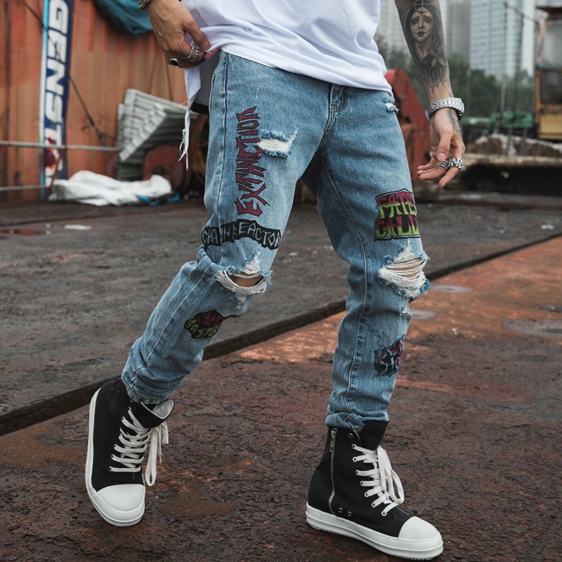 

Fashion Men Print Ripped Hole Jeans Hip Hop Blue Stretch Straight Denim Pants