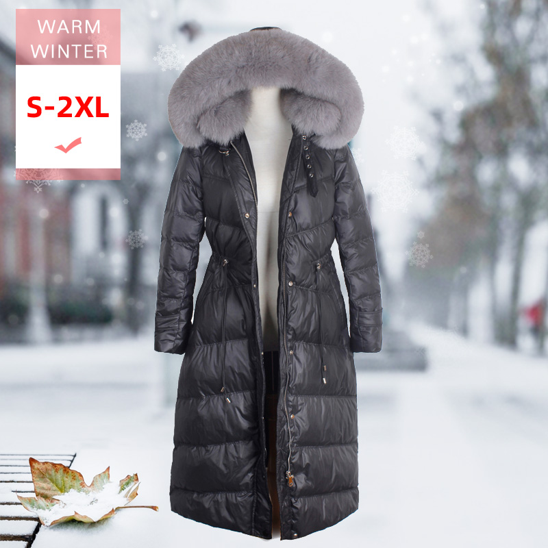 

Women Fashion Real Fur X-Long White Duck Down Coat Female Slim Thick Hood Detachable warm Feather Coat Windproof OutWear, Beige