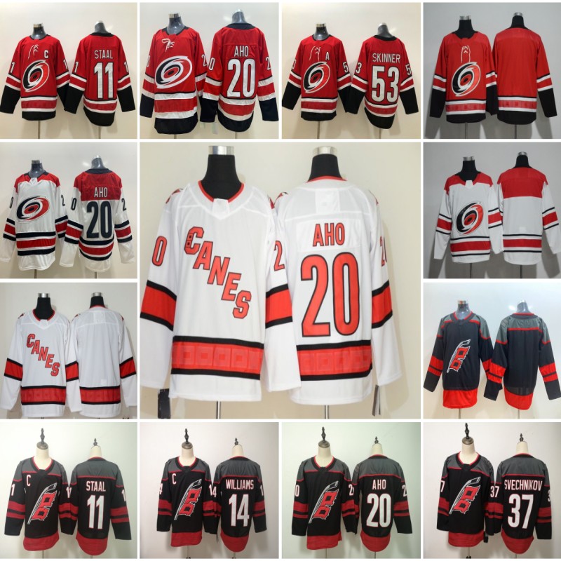 

2019 - 2020 Carolina Hurricanes Jersey 20 Sebastian Aho 14 Justin Williams 37 Andrei Svechnikov 11 J. Staal Home Away White Black Red, As pic