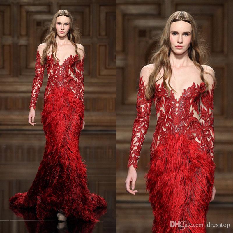 

Tony Ward Red Feather Dresses Prom Wear With Long Sleeves Sheer Jewel Neck Appliqued Evening Gowns Mermaid Sweep Train Formal Dress