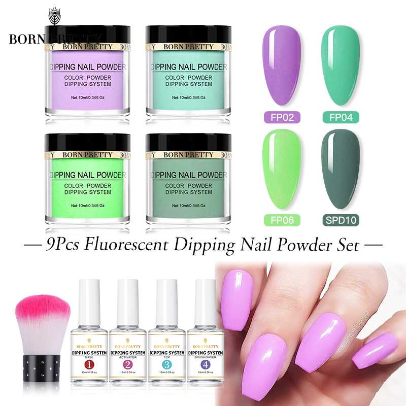 

BORN PRETTY Dipping Nail Powder Set 9PCS Fluorescent Natural Dry Glow in UV Light Nail Holographics Glitter Powder Decorations