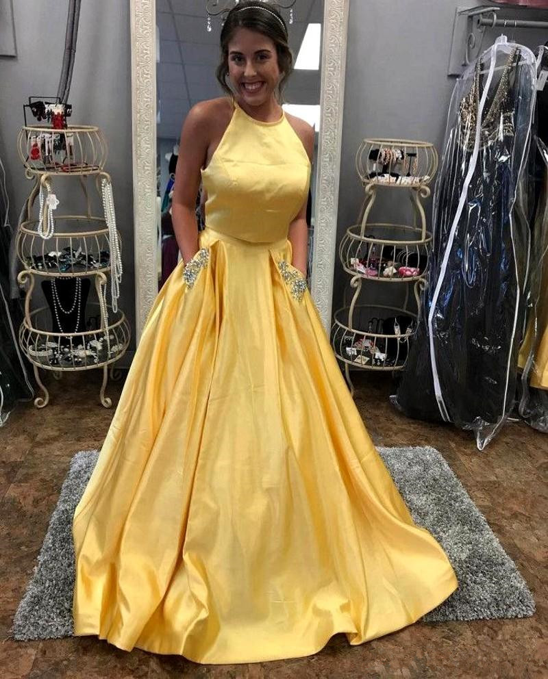 

Yellow Satin Two Pieces Prom Dresses Open Back Crew Neck Sleeveless Beaded Sequins Pockets Evening Gowns Party Dresses Robe de 54, Dark green