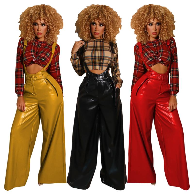 

2019 autumn new women' PU leather pants belt high waist strap artificial leather ladies trousers winter pants wide leg, Red