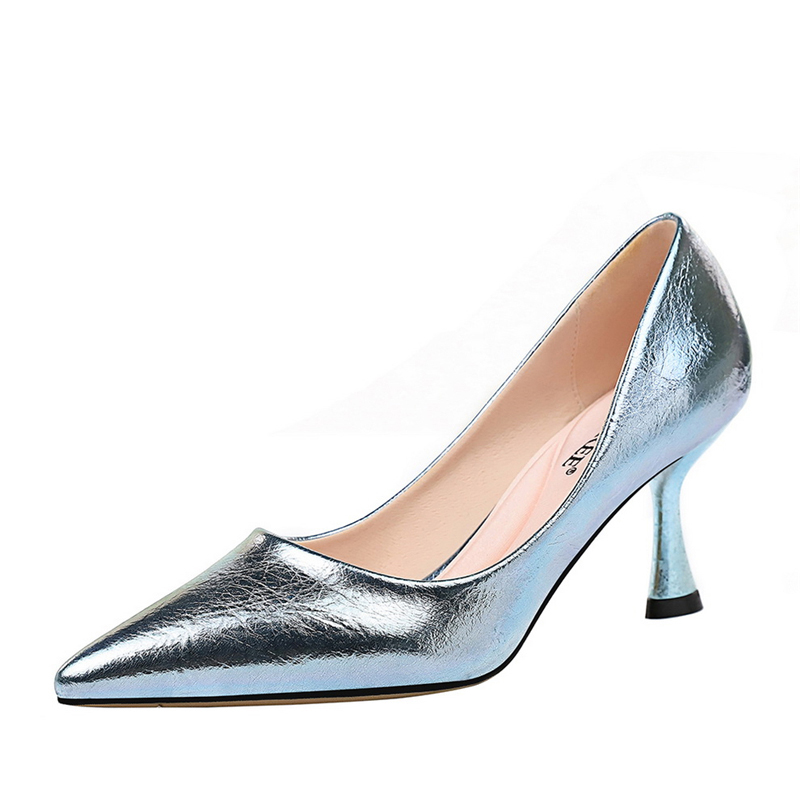 

2020 Spring Luxury Women 7cm Reflective Heels Pumps Designer Blue Gold Silver Low Heel Plus Size Wedding Party Holographic Shoes