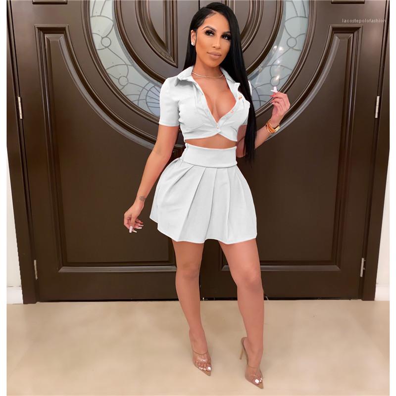 Womens Two Piece Dress Clothing Fashion 2Pcs Sets Solid Color Sexy V Neck Short Sleeve Tshirt High Waist Skirt Women Suits