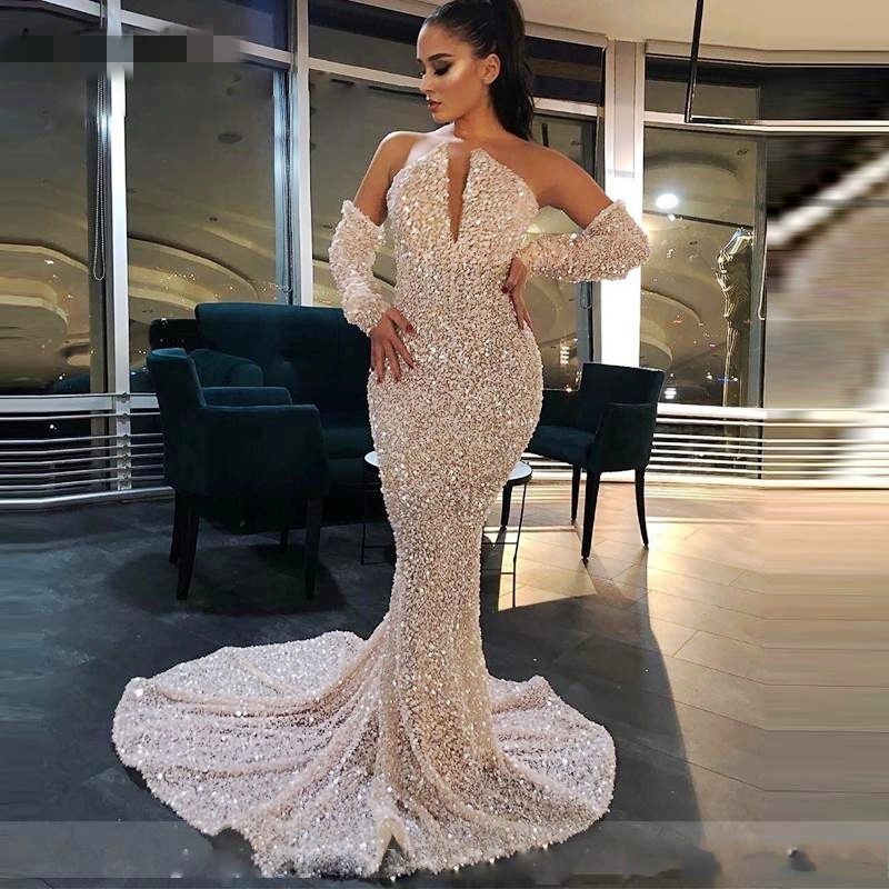 

Shiny Sequins Prom Dresses With Detachable Sleeves Strapless Mermaid Evening Gowns Sweep Train Yong Girls Party Dress Cheap vestidos de fies, Daffodil