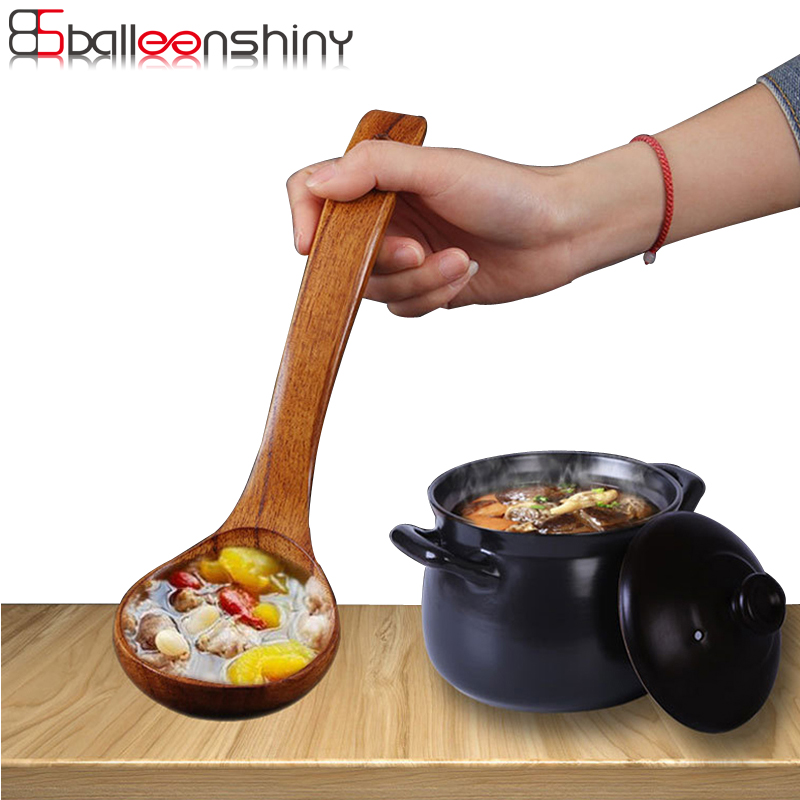 

BalleenShiny Large Wooden Soup Spoon Long Handle Natural Soup Spoons Healthy Eco-Friendly Wood Tableware Kitchen Accessories