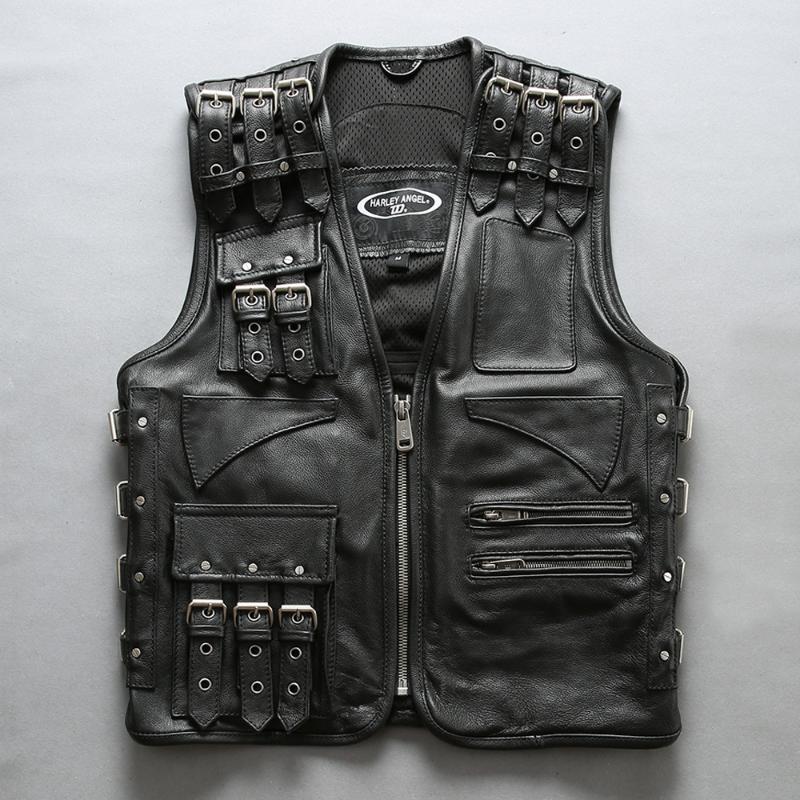 

Men' Adjustable Genuine Leather Motorcycle Vest Real Cowhide Leather Sleeveless Jackets Detachable Biker Waistcoat High Quality, Black