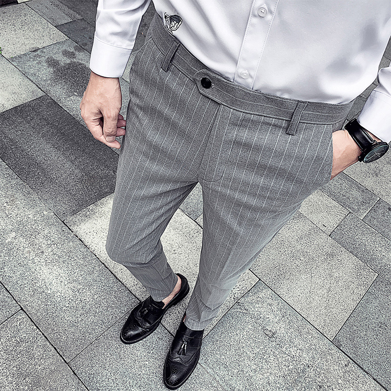 

2020 NEW Men Dress Pant Classic Stripe Business Suit Pants Casual Slim Fit Wedding Formal Check Suit Trousers Pantalon Homme, Black