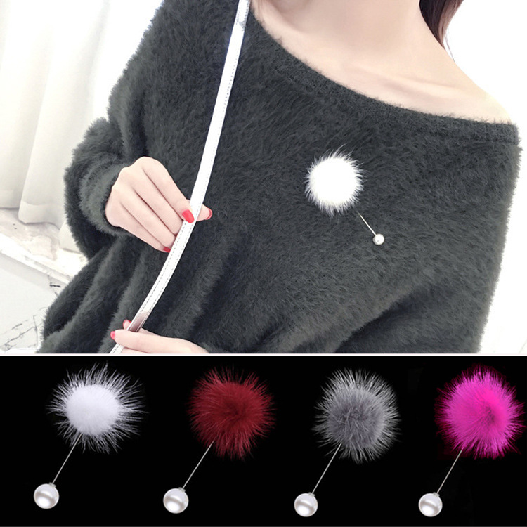 

New Cute Charm Simulated Pearl Brooch Pins for Women Korean Fur Pompom Ball Piercing Lapel Brooches Collar Jewelry Gift Women