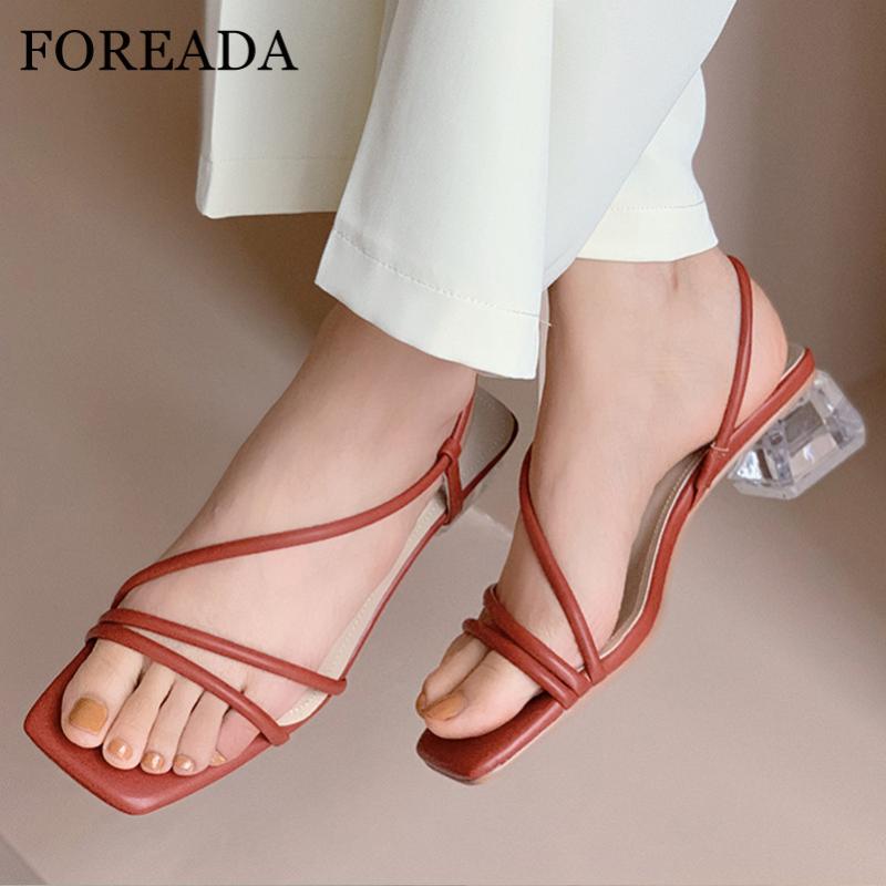 

FOREADA Narrow Band Sandals Woman Med Heels Crystal Thick Heel Shoes Square Toe Sandals Fashion Ladies Shoes Summer Red White 40