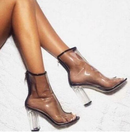 

2019 Summer Transparent Chunky Heel Ladies Sexy Rain Boots Hot PVC Women Peep Toe Ankle Boots New Fashion Free Style Short Boots, Multi