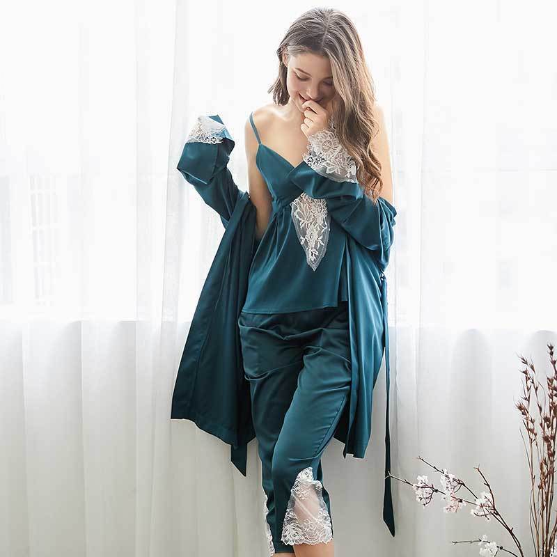 

Women's 3Pcs Home Suit Solid Color Long Sleeve Button-up Loose Sleepwear Set Pajama