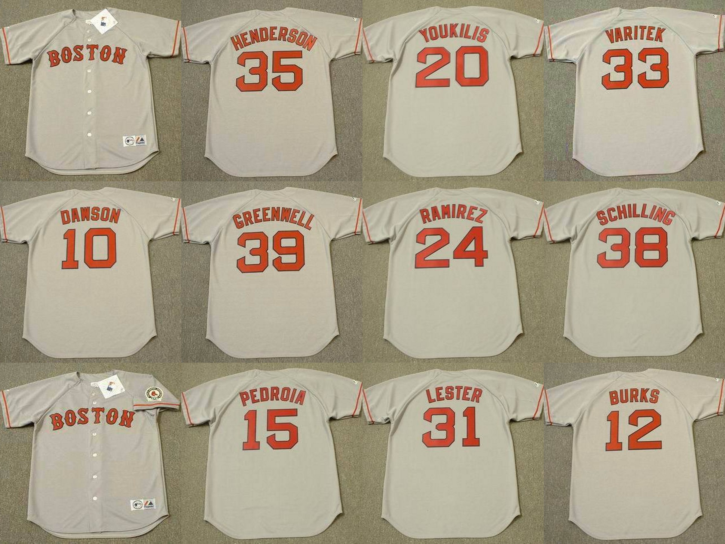

Boston 24 MANNY RAMIREZ 20 KEVIN YOUKILIS 12 ELLIS BURKS 35 RICKEY HENDERSON 10 ANDRE DAWSON 31 JON LESTER baseball jersey stitched