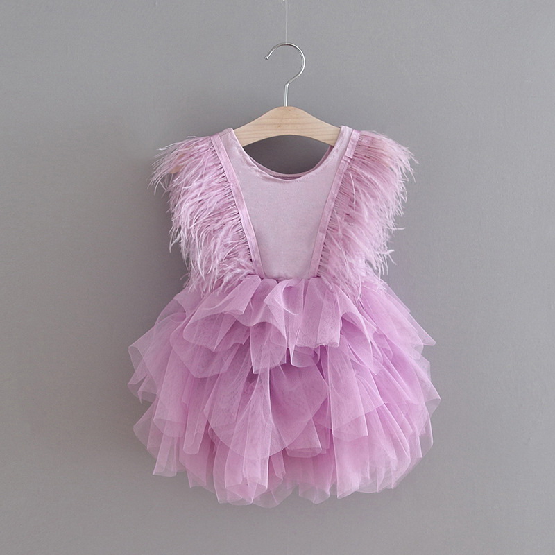 

Retail 2020 New V neck Feather Fluffy Tulle Cake Dress Princess Dresses for Wedding Show Baby Clothes E1955, Lavender