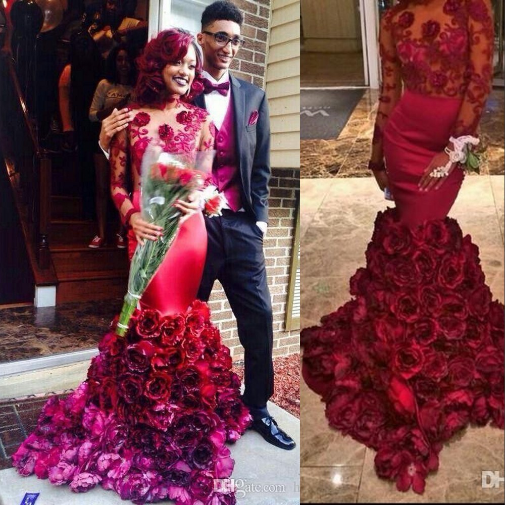 Robes de bal sexy bordeaux sirène avec des fleurs florales roses pure robes de soirée dos nu appliques en dentelle manches longues, plus la taill