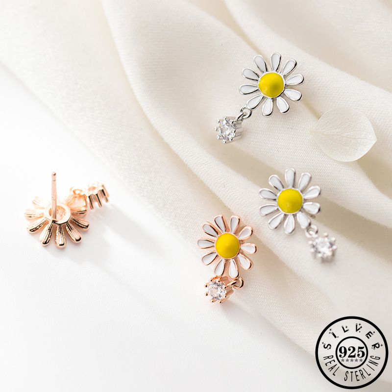 

Fashion 925 Sterling Silver Daisy Flower Shape Earings Rose Gold Color Plated Ear Dangle Drop CZ Earrings Jewelry for Women