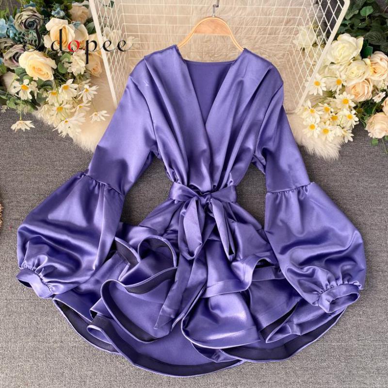 

Sexy Dress Fashion Lantern Sleeve Ruffle Sweet Solid Color High-end Satin Texture Elegant Temperament Closed Waist Vestidos, Black
