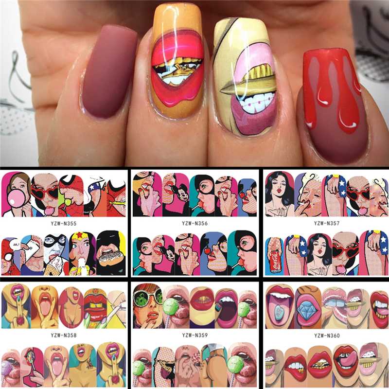 

6 Designs in 1 Nail Sets Fashion Sticker Full Cover Lips Cute Printing Water Transfer Tips Nail Art Decorations 2018 New, As pic