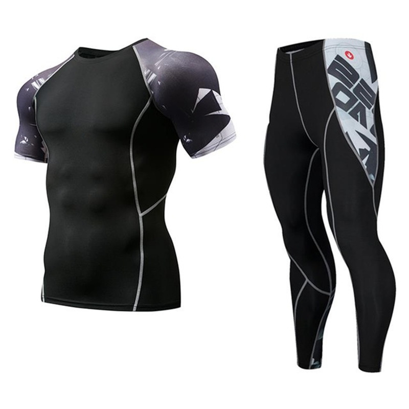 

motion Men Compression Running jogging Suits Clothes Sport Set Long t shirt And Pants Gym Fitness workout Tights clothes
