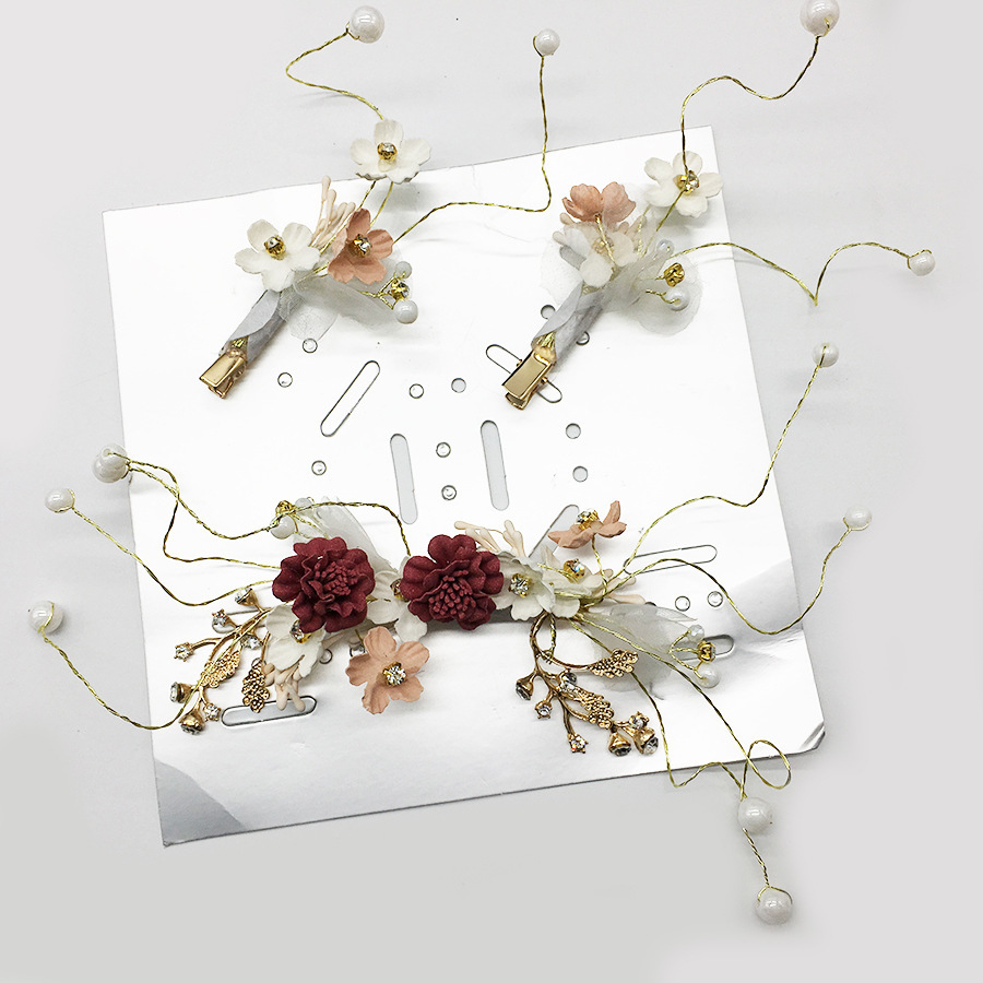 

Korean Bride Wedding Headwear Manual Pink Flower Torsional Beads Hairpin Three-piece Group Combine Suit Girl Hair