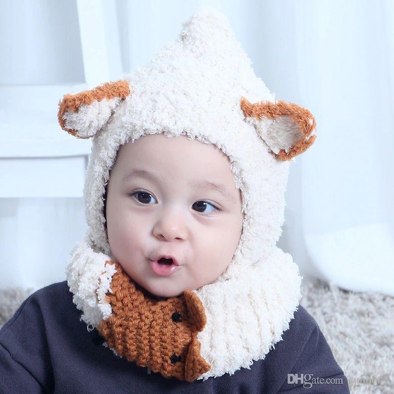 

Autumn Winter Baby Kids Cartoon Cat Hat Scarf Wraps Knitted Cap Beanies Crochet Neckerchief Children Neck Warmer Hats 2pcs Set M164, Mixed color