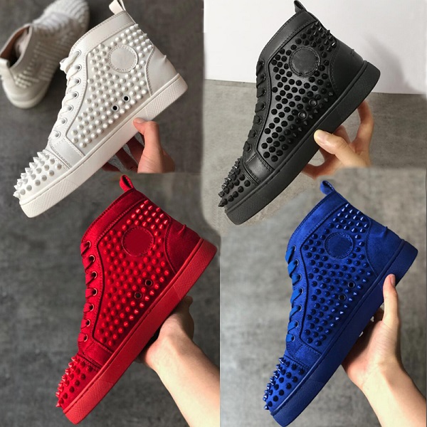 

Luxury Mens Spikes High-top Sneakers Designer Shoes Women Red Bottom Junior Spikes Trainers Studs Wedding Shoes with Box US12.5, Color 2