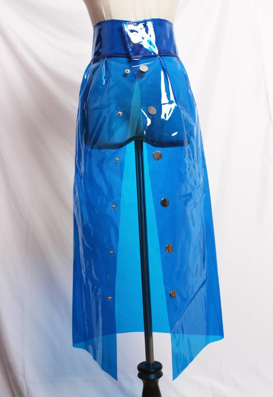 

2020 New Catwalk Skirt Transparent Crystal Plastic PVC Plastic Wind High Waist Single Breasted Skirt Women, Blue
