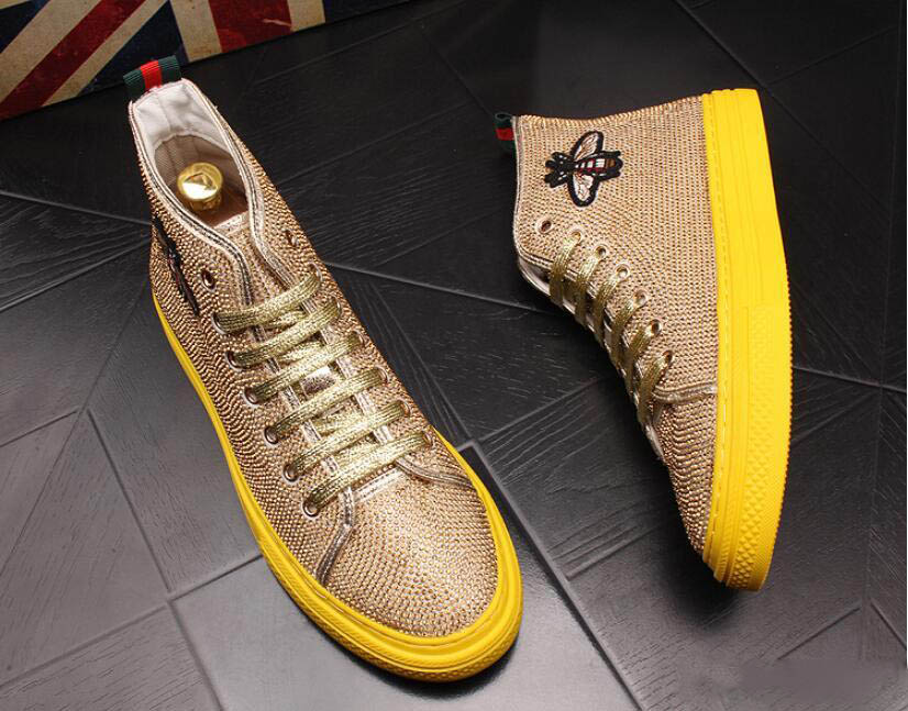 

Italian Brand High Quality Fashion Men High Top British Style Shoes Men rhinestone Causal Luxury Shoes Red gold Bottom rubber Shoes for Male
