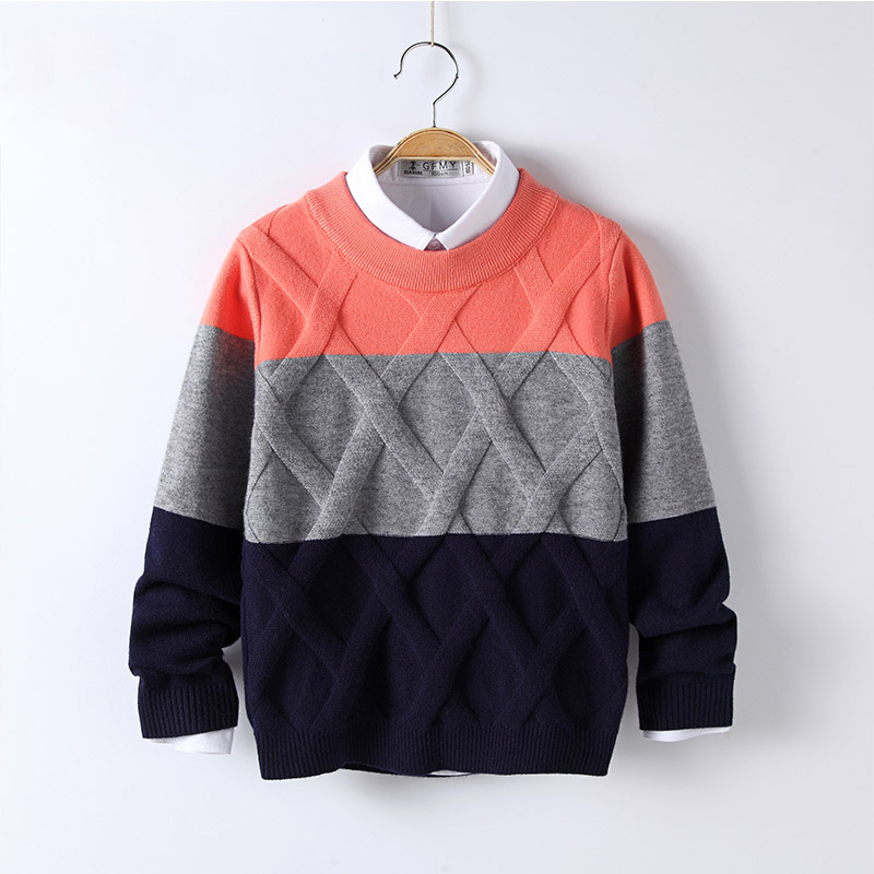 

Autumn Patchwork Pattern Casual Style Winter Knitted Boys Sweaters for Hot Students 3T-12T Baby Clothes, Pink