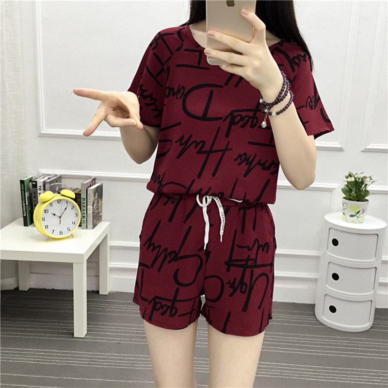 

2020 summer new short-sleeved shorts two-piece chiffon letter printing T-shirt suit fashion elegant women' clothing, 863-blue