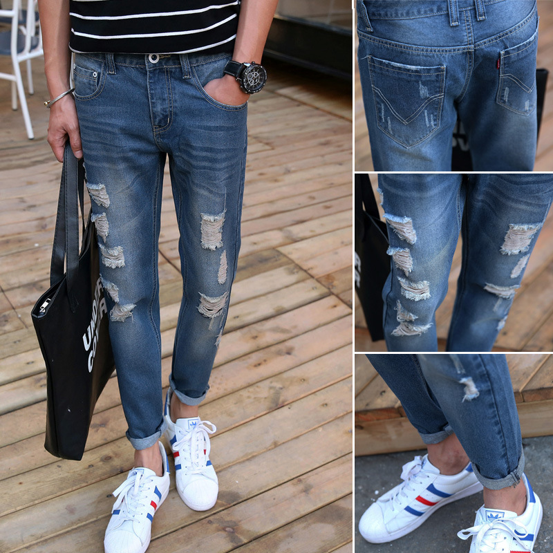 

YG6129-3 Cheap wholesale 2017 new Hole cowboy cultivate one's morality men's trousers waist and feet nine minutes of pants, Blue