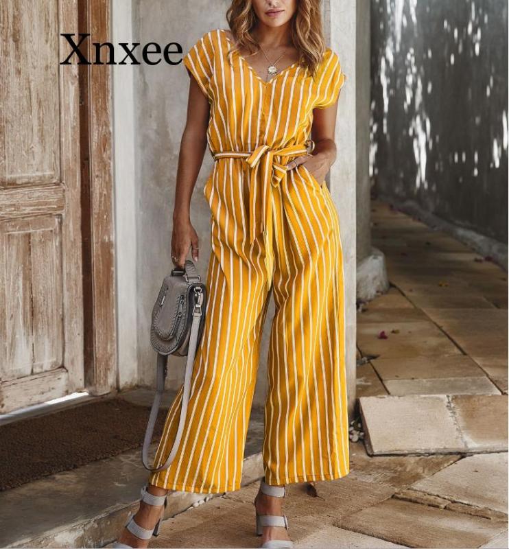 

2020 Summer Casual Stripe Print Short Sleeve Jumpsuit Streetwear Red Yellow Blue, Black