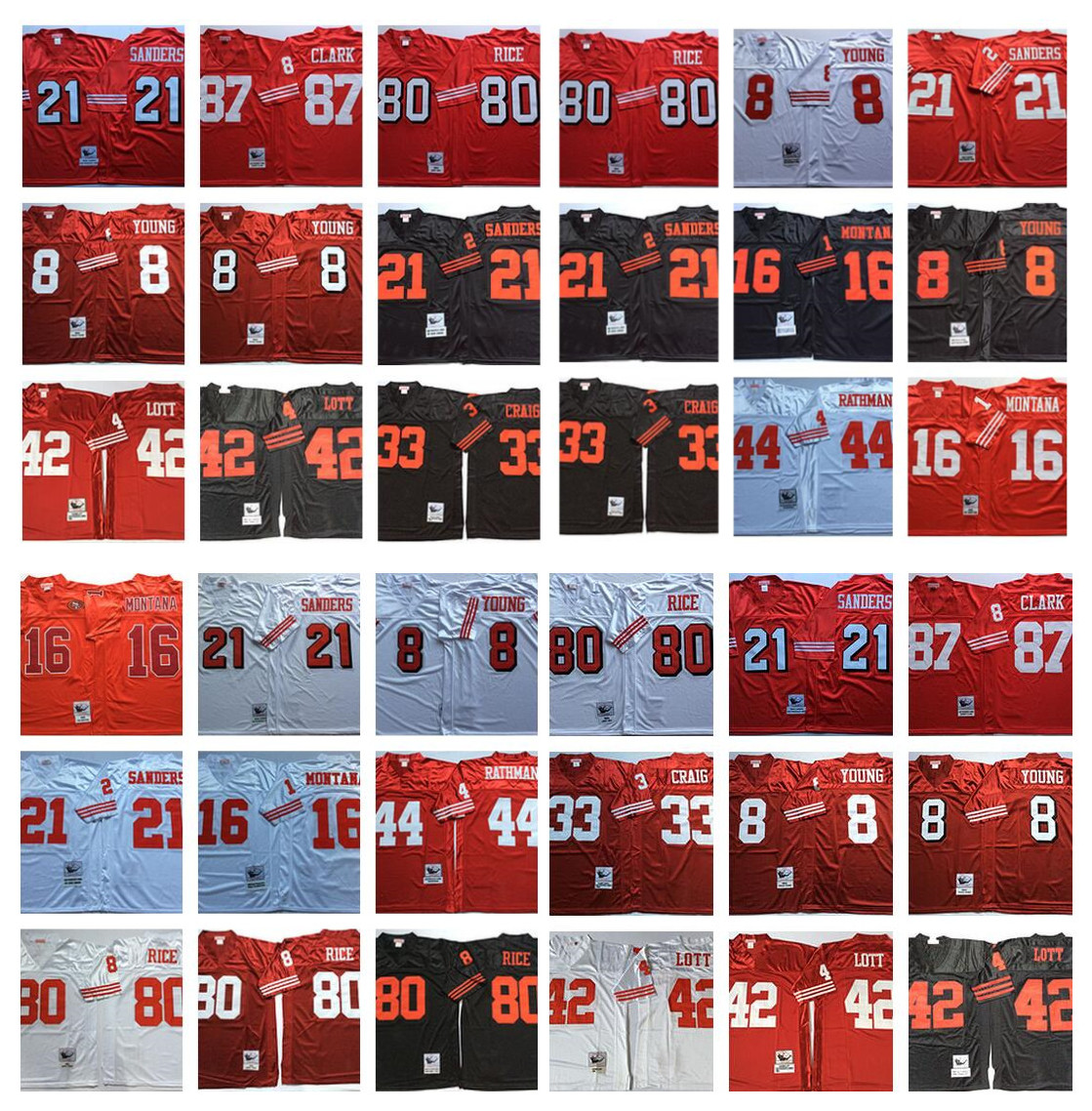 

Retro Jersey 16 Joe Montana 80 Jerry Rice 8 Steve Young 21 Deion Sanders 33 Roger Craig 42 Ronnie Lott 44 Tom Rathman 87 Clark M&N Football, White/black