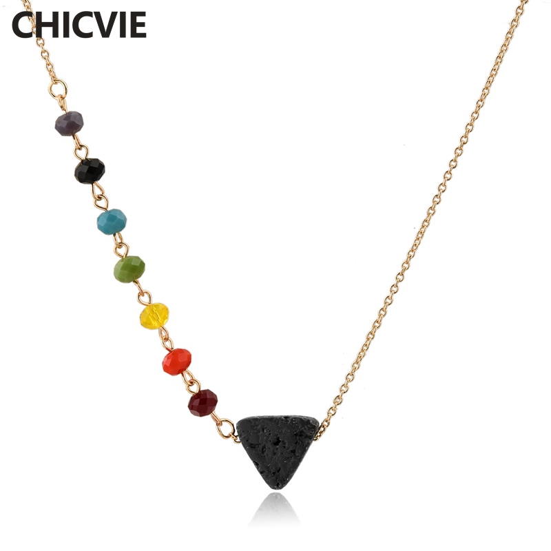 

Pendant Necklaces CHICVIE Colorful Charm Beaded Chakra Lava Stone Necklace Rainbow Beads Crystal Triangle Statement SNE180025