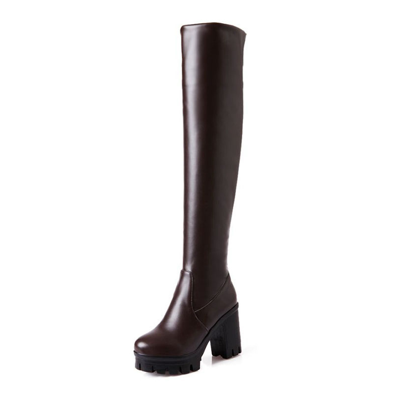 

Thigh High Boots Women Plus Size 33-45 Casual Thick Heels Platform Shoes Women Winter Warm Soft Stretch White Boots, Black