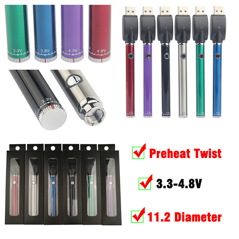 

10pc Preheat VV EVOD Bottom Twist Adjustable Voltage 380mah 510 Thread Vape Pen Battery with USB Charger for Ceramic Cartridge Thick Wax Oil