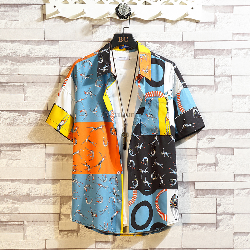 

Hawaiian Shirt Men Women 2020 Summer short sleeve shirt Patchwork Vintage Men's Street Shirts for Men, Beige