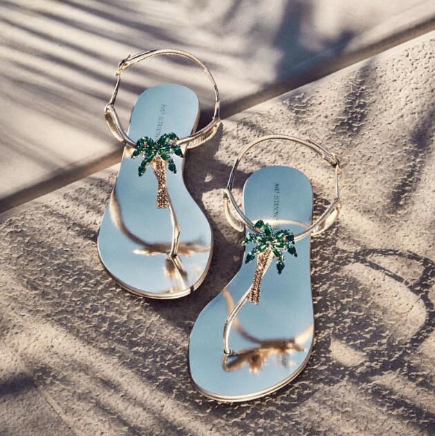 

INS sexy lady summer green diamonds palm tree T strap flip-flops rhinestones palm tree woman beach T strap Flip sandals, Gold