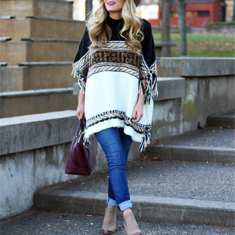 

New Women Winter Warm Pullovers Coat Turtleneck Striped Tassel Shawls Poncho Capes Sweater, Black