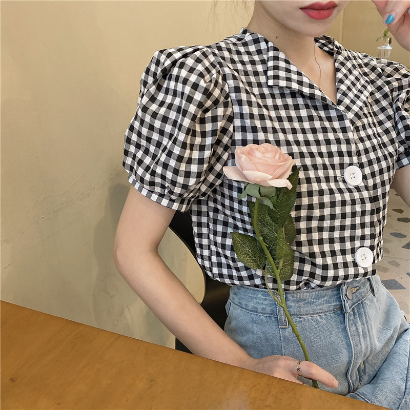 

Vintage Plaid Slim Crop Top Turndown V-Neck Sexy Single Breasted Button Short Sleeve Shirt Tee Women Blouse Korean Ladies Blusas, Black plaid