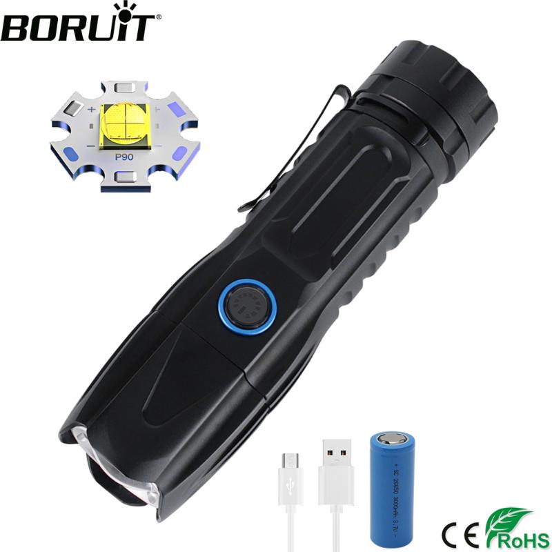 

BORUiT W69 LED Tactical Super Bright XHP90 Rechargeable Zoom Torch Power Bank 26650 Lantern Camping Hunting Lamp