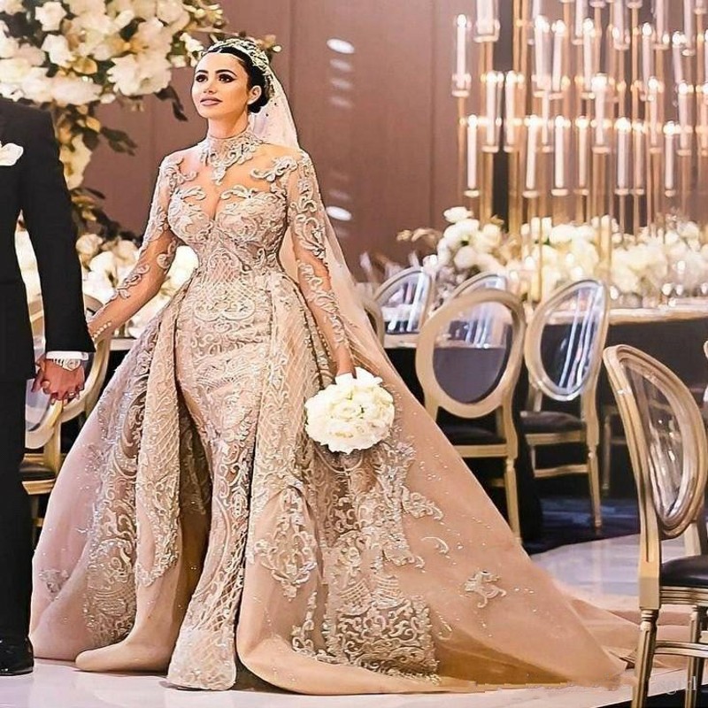 

Arabic Dubai Gorgeous High Neck Long Sleeve Wedding Dress 2023 Mermaid Lace Detachable Train Bridal Gowns vestido de noiva, Ivory